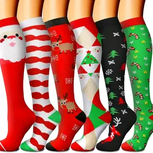 6 Pair Long Christmas Compression Socks for Men and Women