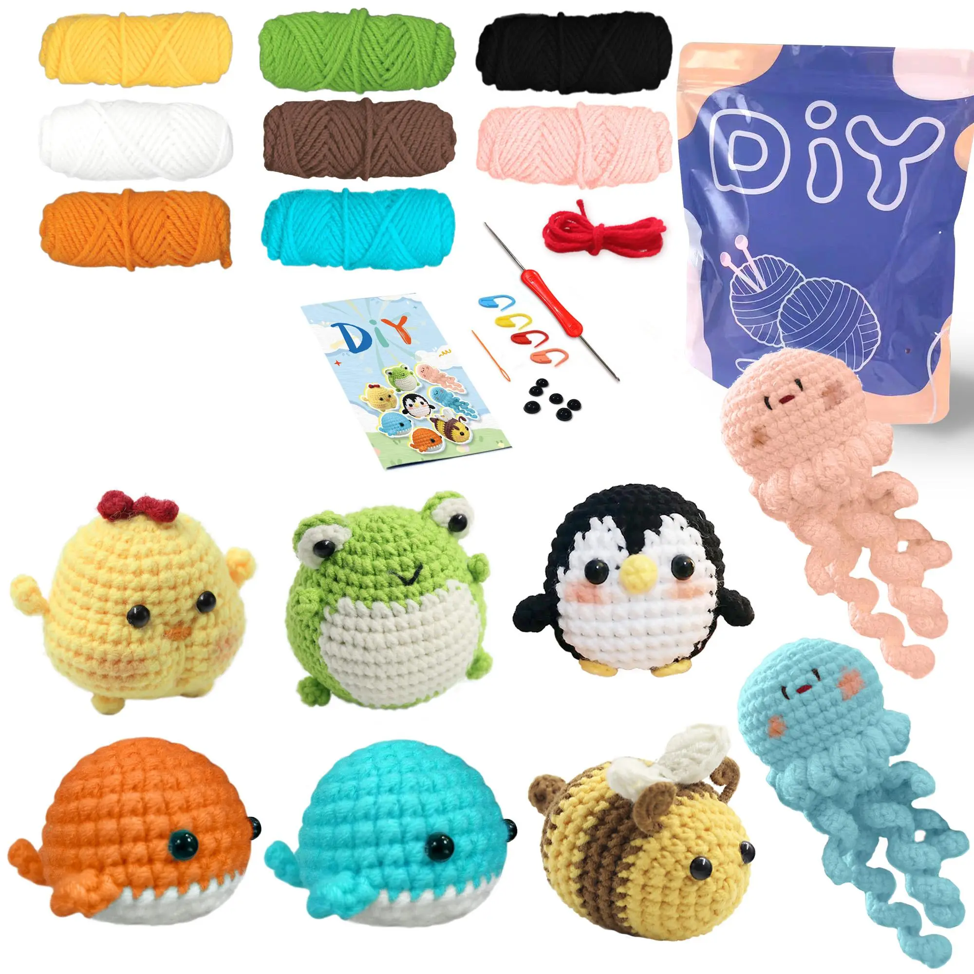Animals Crochet Kit with Step-by-Step Video Tutorials, Penguin, Bee, Chicken, Whale, Frog, DIY Kits, Crochet Kit for Beginners, DIY Beginner Crochet Starter Material Package, Beginner Crochet Set, Accessories, Handmade Gifts, Crochet Gifts