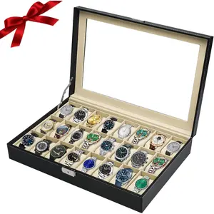 24 Slot Watch Box for Men, Watch Cases for Men, Watch Display Case, Glass Top PU Leather Watch Storage Organizer with Removable Pillows for Him