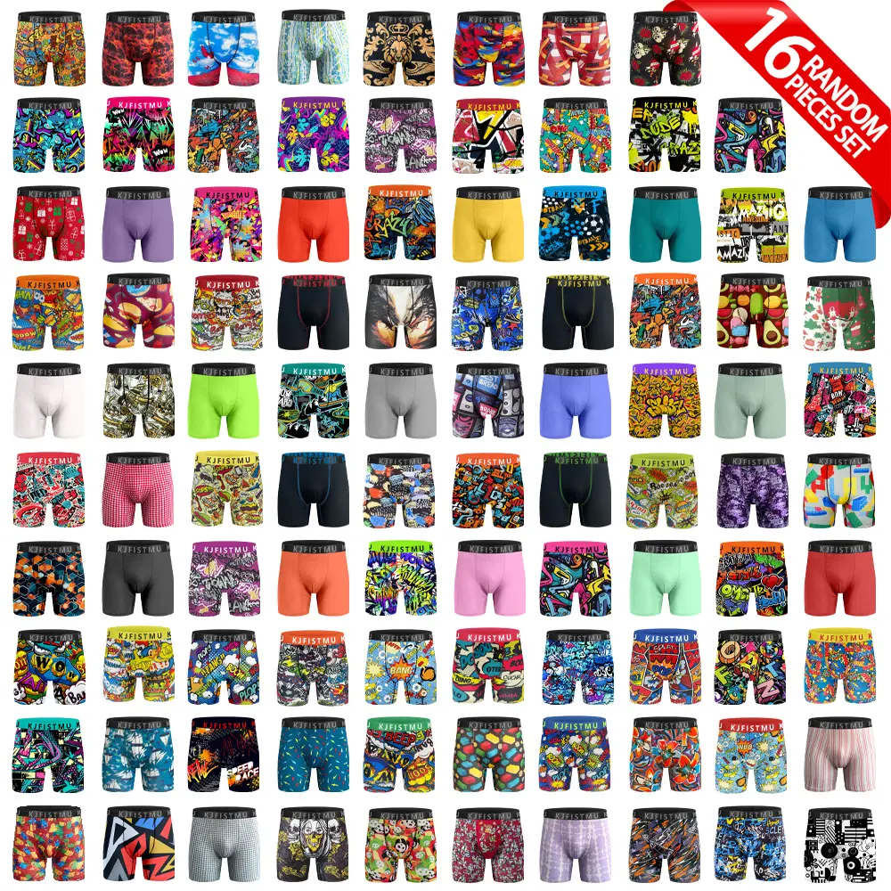 KJFISTMU 16-piece men's boxer briefs set, featuring bright geometric patterns, medium stretch, breathable and comfortable, solid colors, colorful striped waistband print, suitable for daily wear, boxer shorts, comfortable underwear, durable craftsmanship