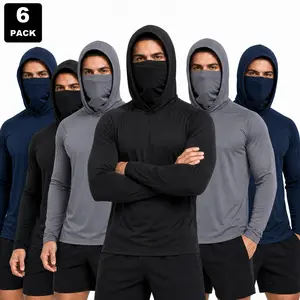 【6-Pack】Men's Ninja Hoodie Pullover Blue Black Gray, 360° Sun Defense Face Mask, Lightweight Breathable Casual Outdoor Activewear Long Sleeve