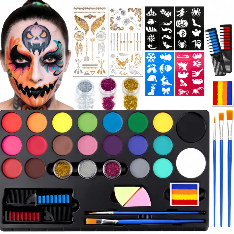 Face Body Painting Kit, 20 Colors Water Based Face Paint Palette with Stencils & Brushes,Hair Dye Brush, Professional Body Makeup Set, Washable Face & Body Paint for Halloween Birthday Parties