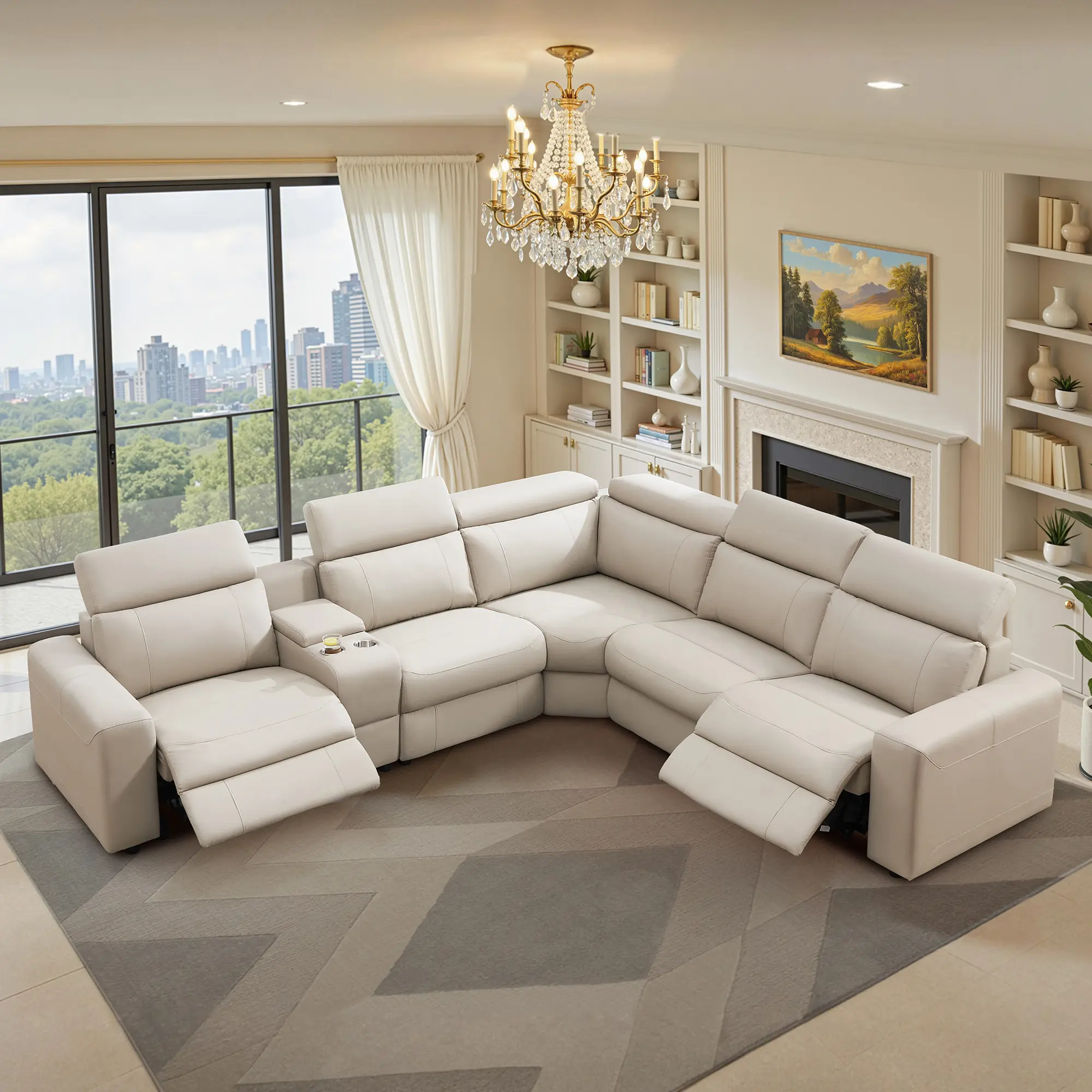 128" Reclining Sectional Sofa with Dual Electric Recliners, Console Cup Holders & USB Type-C, Adjustable Headrests, Oversized Leathaire Couch with Overstuffed Cushions for Living Room