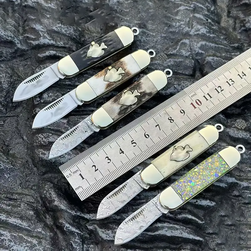Damascus Steel Folding Pocket Knife with AntlerHandle - 1.38 inches Blade Handmade Pocket Knives - Perfect Anniversary or Fathers Day Gift, for Hunting, Camping - Gift for Husband, Dad, Boyfriend,