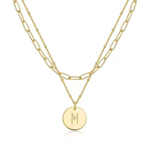 Stainless steel 18K Gold plated Paper clip Flat wire Double-Layer 26 letter necklacel