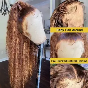 SUKI ORIGINAL Curly Ombre Highlight 13X6 Lace Front Human Hair Wigs 13X4 Lace Frontal Deep Water Wave Honey Blonde Highlight Color Wigs P4/27 Density 180%