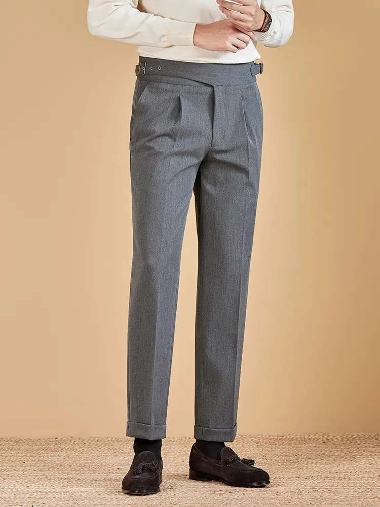 Men's Italian Naples Adjustable Buckle-Double Adjustable Waist Buckle Plain Double-Pleated Straight-Leg Pants, Navy Blue, Machine-Washable for Autumn-Winter Office Semi-Formal Business & Casual Lounge Wear, Casual Bohemian Trousers