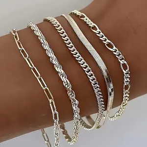 Women's 5pcs 925 Pure Silver Simple Chain Cuban Bracelets Set - Handmade Fashion Accessories, Ideal for Urban Look Daily Wear, Christmas Gift for Loved Ones
