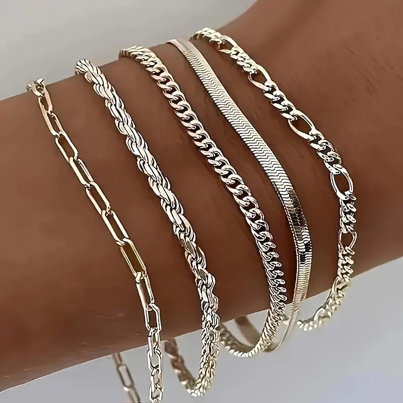 Women's 5pcs 925 Pure Silver Simple Chain Cuban Bracelets Set - Handmade Fashion Accessories, Ideal for Urban Look Daily Wear, Christmas Gift for Loved Ones