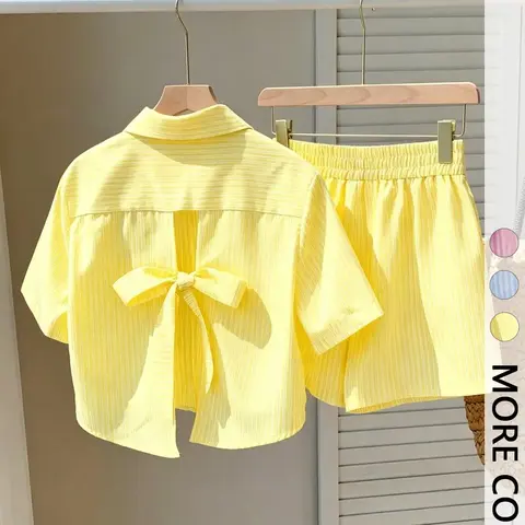 Women's 2-Piece Set, Outfit, Short Sleeve Striped Hollow-Out Tie Back Top & Casual Shorts, Stylish and Comfortable Daily Wear