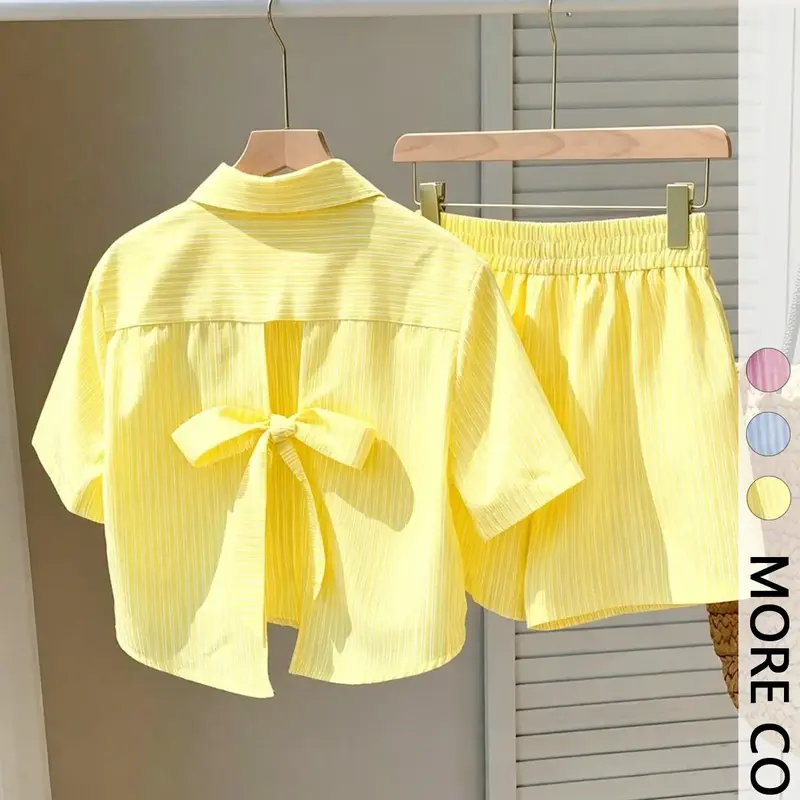 Women's 2-Piece Set, Outfit, Short Sleeve Striped Hollow-Out Tie Back Top & Casual Shorts, Stylish and Comfortable Daily Wear