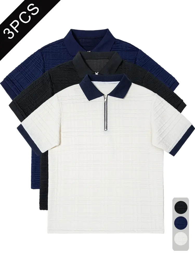 Set of 3 men’s zip-front T-shirts, solid color casual athletic tops suitable for everyday wear; basic menswear ideal for sports and streetwear.