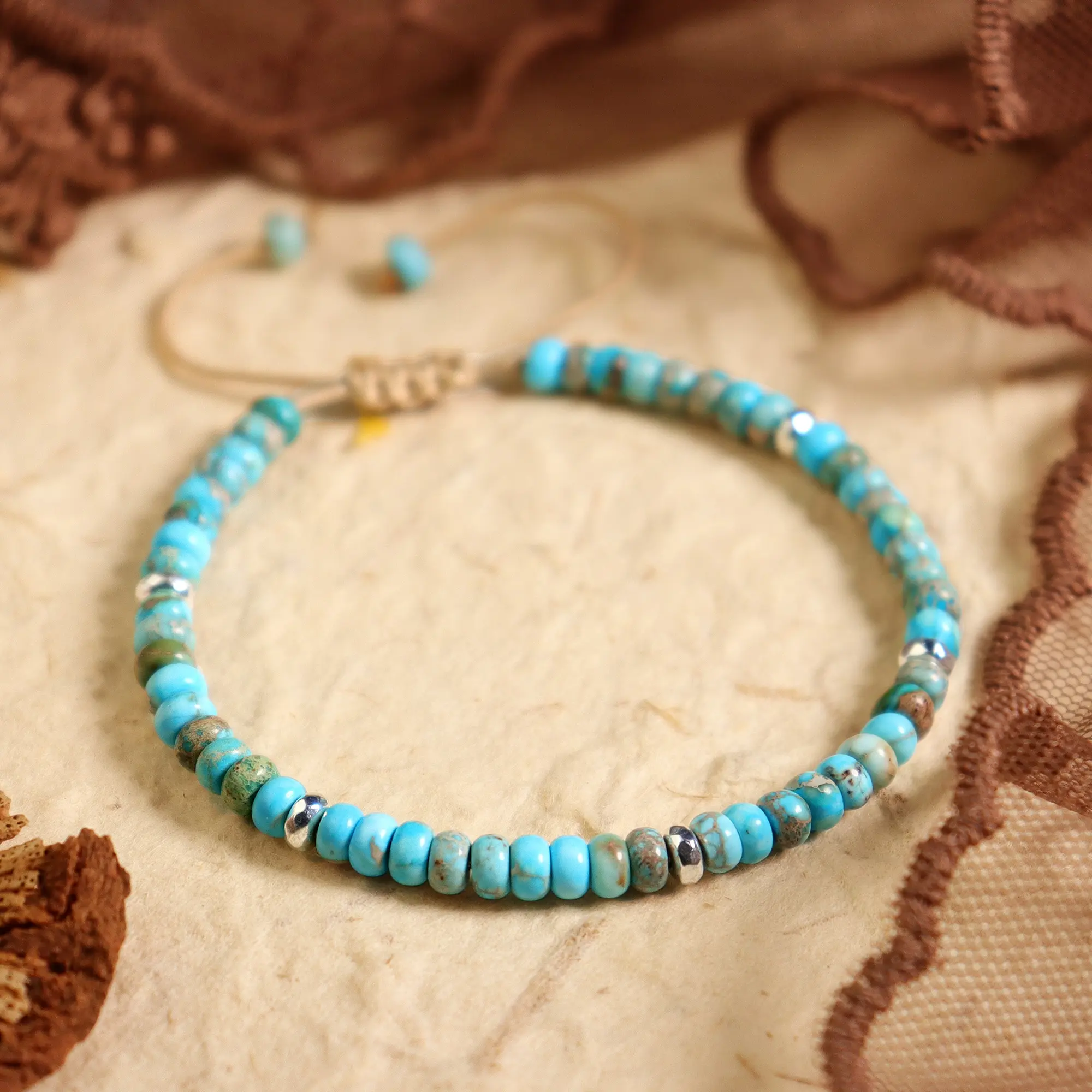 Natural Blue Turquoise Healing Reiki Meditation Adjustable Bracelet, Handmade Tibetan 3mm Beaded Braided Jewelry for Women Men, Blue Friendship Crystal Bracelet