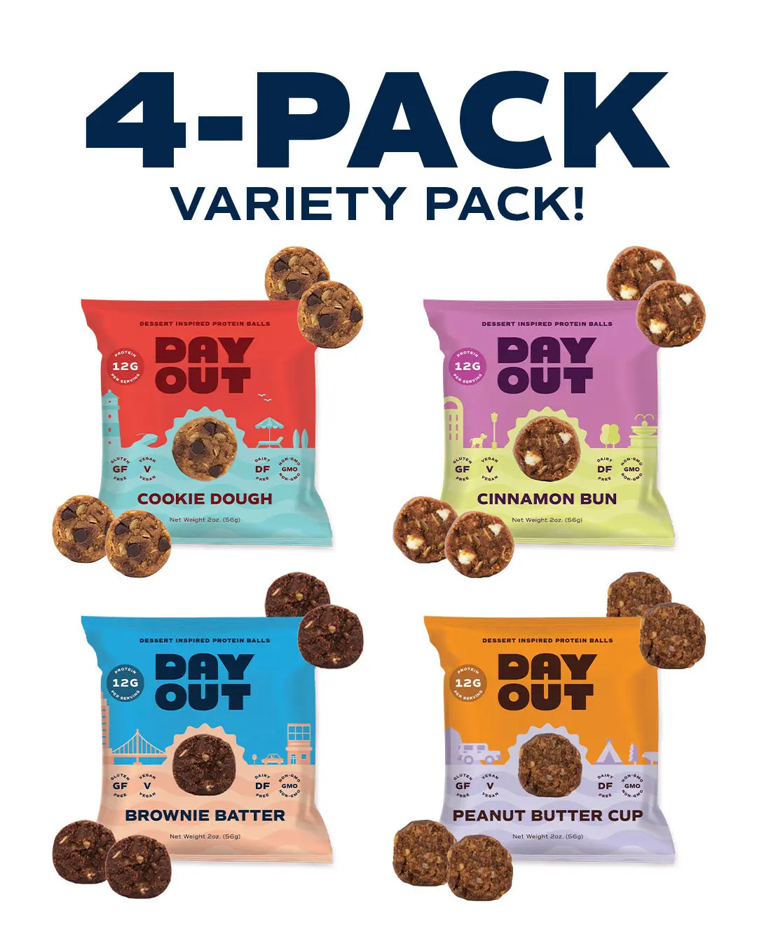 Day Out Protein Snack Balls | Variety Pack 4 Pack Snack Bites | Gluten-Free, Dairy-Free, Vegan Treat | Convenient Ready to Eat Healthy Dessert Energy Bites