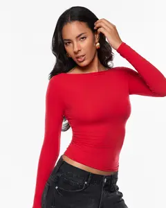 INLYRIC Women's Inbarely Ultra Long Sleeve Shirts Boat Neck Double Lined Going Out Tops Tight Fit Basic Tees