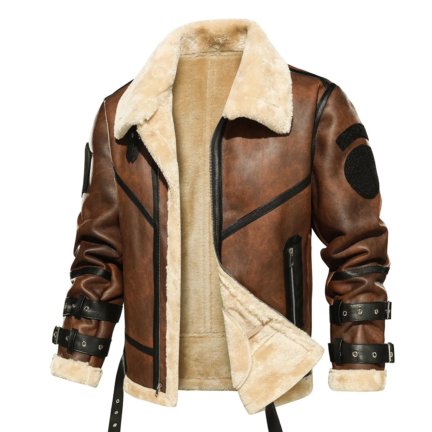 Men's Faux Leather Aviator Jacket, Sherpa Lined Full Zip Bomber with Buckle Strap Details and Zipper Pockets for Winter Outdoor Wear