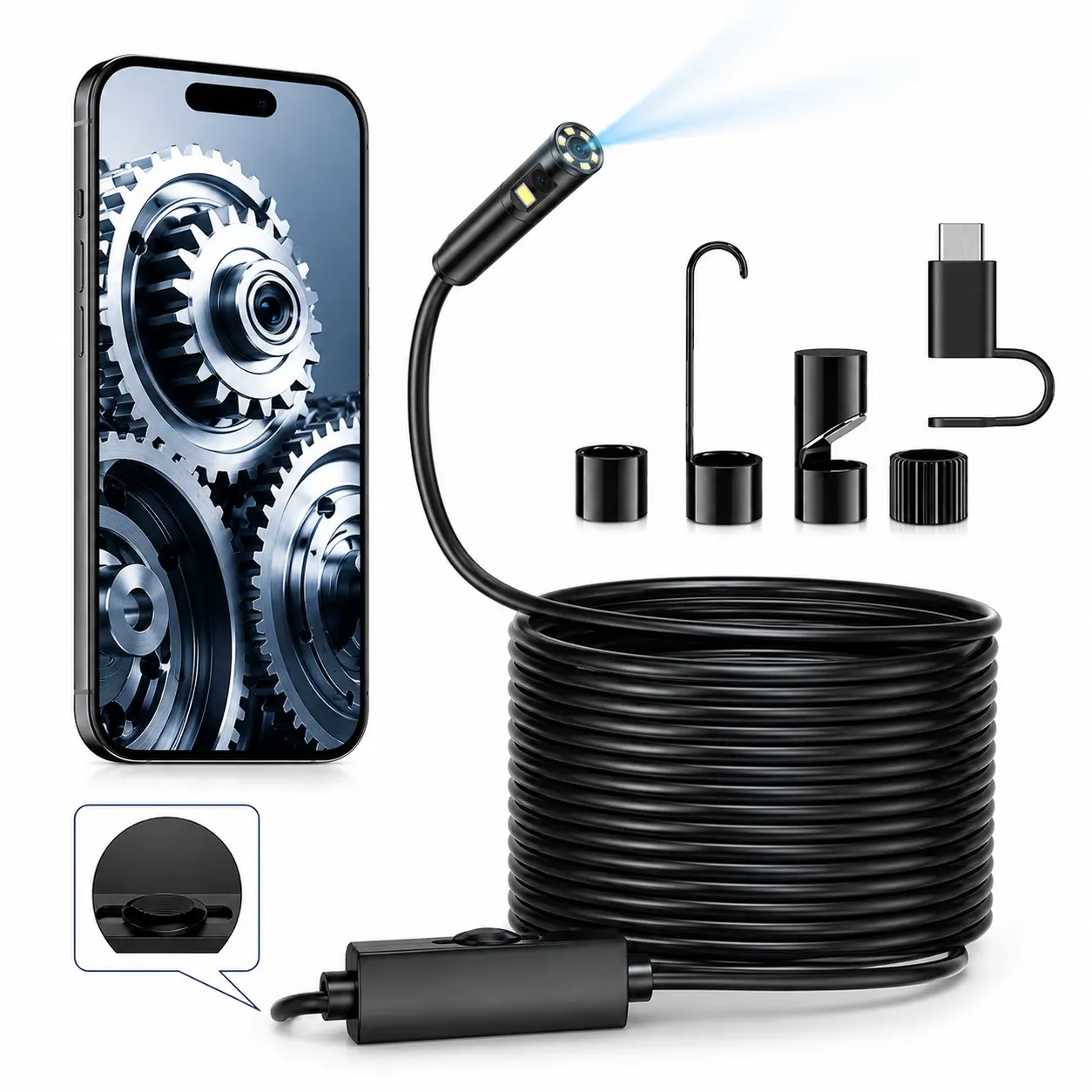 1920P HD Single Lens Endoscope Camera with Light, Car Repair Diagnostic Tool with 8 Adjustable LED Lights, Semi-Rigid Snake Camera for iOS & Android, 16.4ft Inspection Borescope