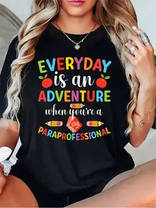Women's "Everyday is an Adventure" Paraprofessional T-Shirt - Casual Short Sleeve Round Neck Solid Color (Black/Grey/White/Dark Red) - All-Season Fit for & Casual Attire - Easy Care Machine Washable