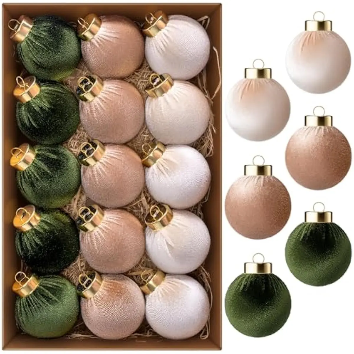 15 Pcs Christmas Velvet Ball Ornaments Set, 2.36'' Green Brown Neutral Tree Hanging Christmas Decorations, Xmas Shatterproof Indoor Decor for Tree Wreath Holidays Wedding Party