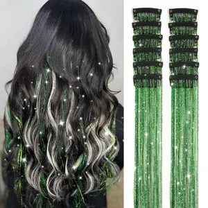 Fruit Green Hair Tinsel 12Pcs 20.5 Inch Clip in Tinsel Hair Extensions Heat Resistant Glitter Fairy Hair Tinsel Kit for Women Girls Christmas Sparkle