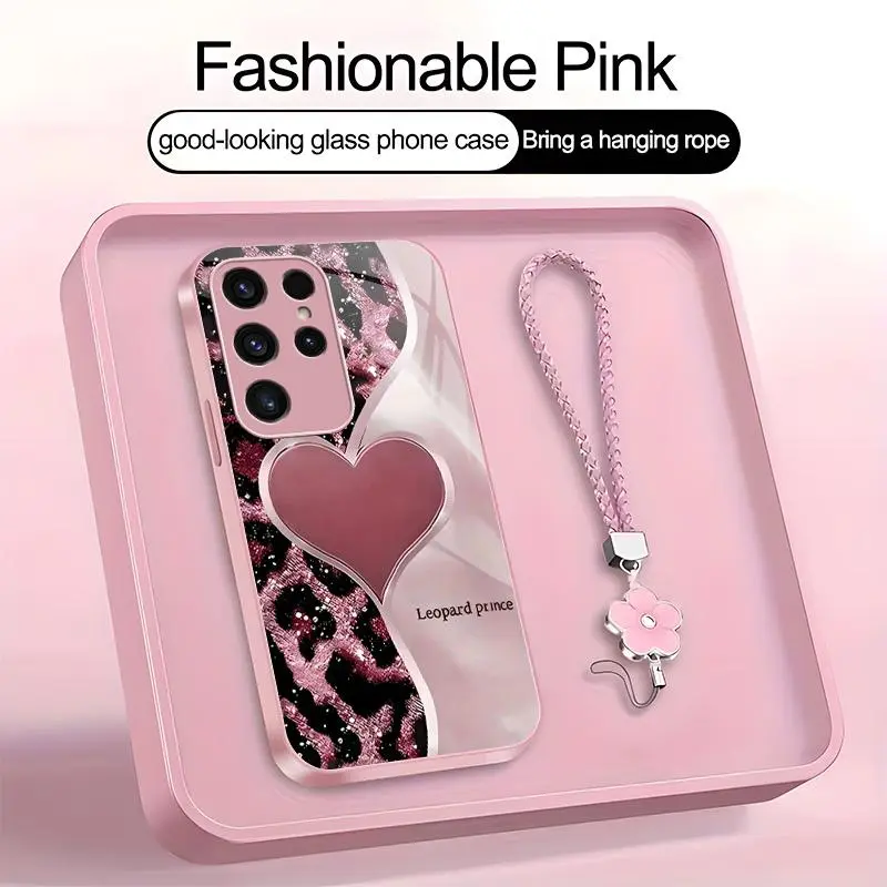 Suitable for [Galaxy S23 Ultra] high-end phone case，a beautiful four-leaf clover lanyard is included,simple leopard print heart pattern,a variety of colors are available for you to choose from YM99