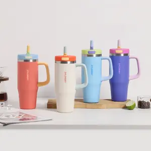 40 oz Flip Straw Tumbler with Stainless Steel Vacuum Cup - Drinkware Flask with Leak Proof Lid, Handle. One-Click Drinking Water Bottle, Car-Friendly for All Day Hot & Cold, Great Holiday Gift