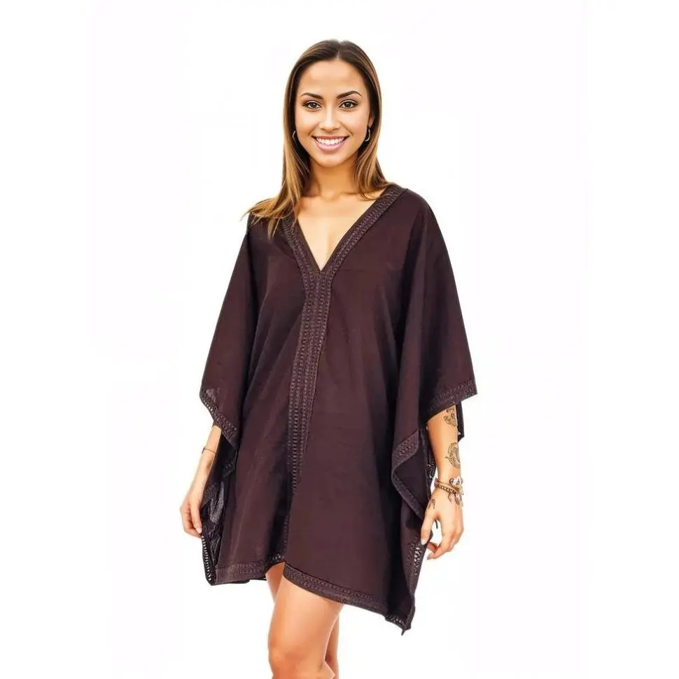 Tenku Design Antiqued Brown Hand-Painted Boho Kaftan with Lace - 100% Cotton, Loose-Fitting Silhouette, Casual Style, One Size Fits XS to L - Comfort