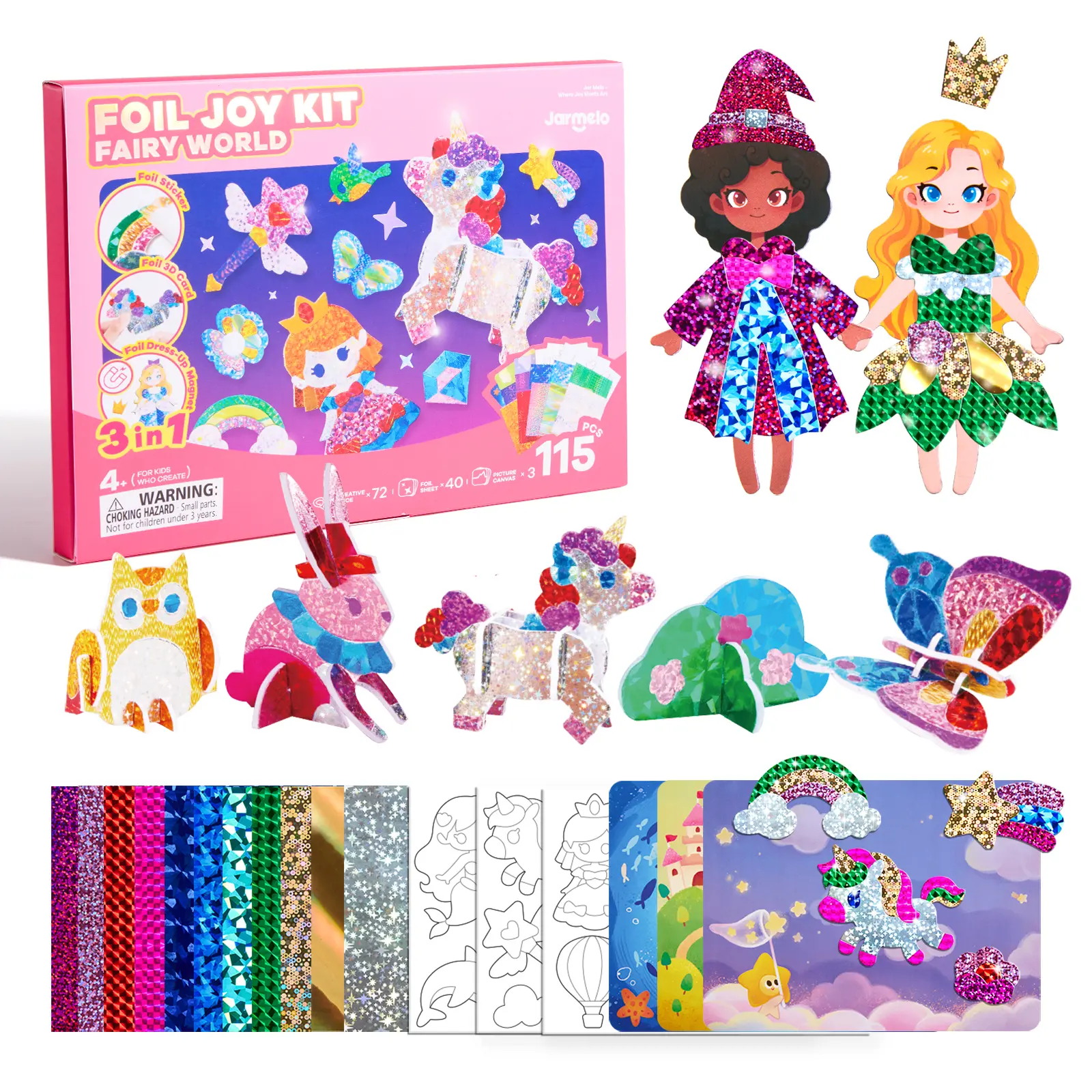 Jarmelo 3-in-1 Sparkling Sticker Set – 3D Puzzles, Magnetic Dress-Up Toy, Sticker Activity Storybook – Princess DIY Gift for Girls, Kids DIY