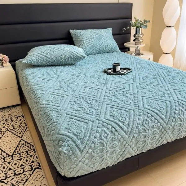 Fitted Sheet 3 Piece Bedding Set 1 Fitted Sheet 2 Pillowcases No Filler Blue European Tufted Plush Deep Pocket Elastic For Bedroom Dorm Guest Room