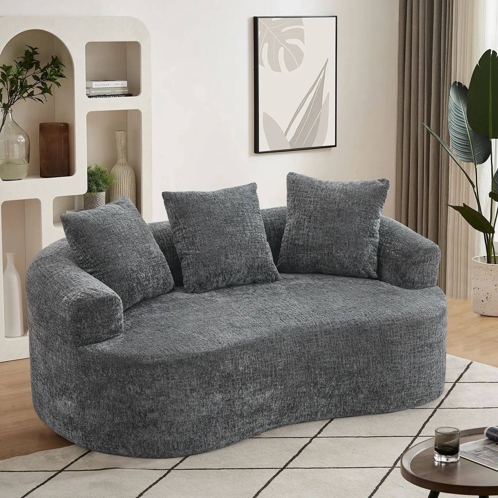60" Boneless Loveseat Sofa Couch, Modern Comfy Curved Cloud Sofa, Chenille Deep Seat Love Seat Couches for Living Room, No Assembly