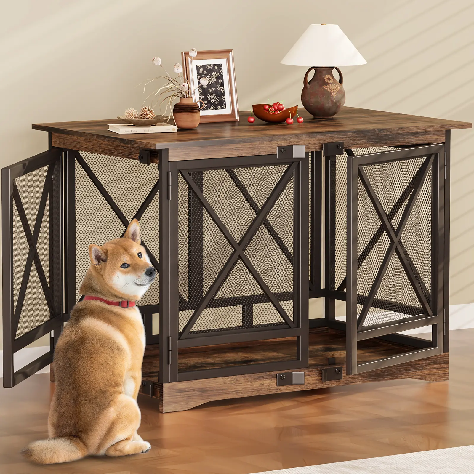 COZPAW Large Dog Crate Furniture - 48 inch Heavy Duty Dog Kennel Indoor for XLarge Breed with Double Doors, Wooden Dog Cage XL Modern Decorative End Table Pet House (Brown)