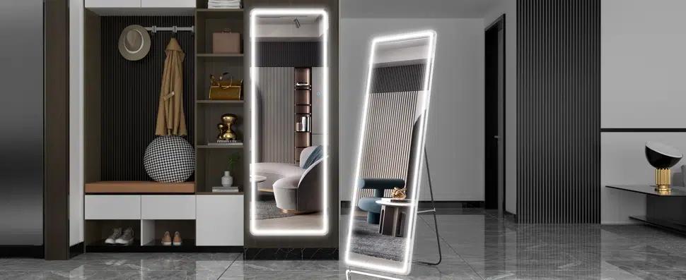 [LIVE5]64"x21"Full Length Mirror with LED Lights,  Lighted Floor Standing Mirror Wall Mounted Hanging Mirror & 3 Color Lighting Decor