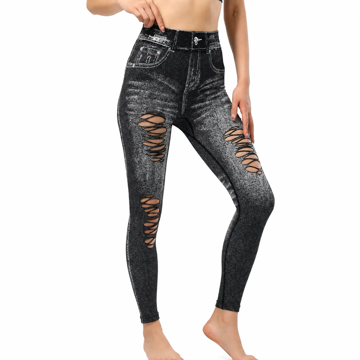 Women's High Waist Seamless Ripped Faux Denim Leggings - High Stretch, Quick Dry, Breathable Fabric, Full Length Streetwear Bottoms for Lady's Yoga, Gym, Casual Athleisure