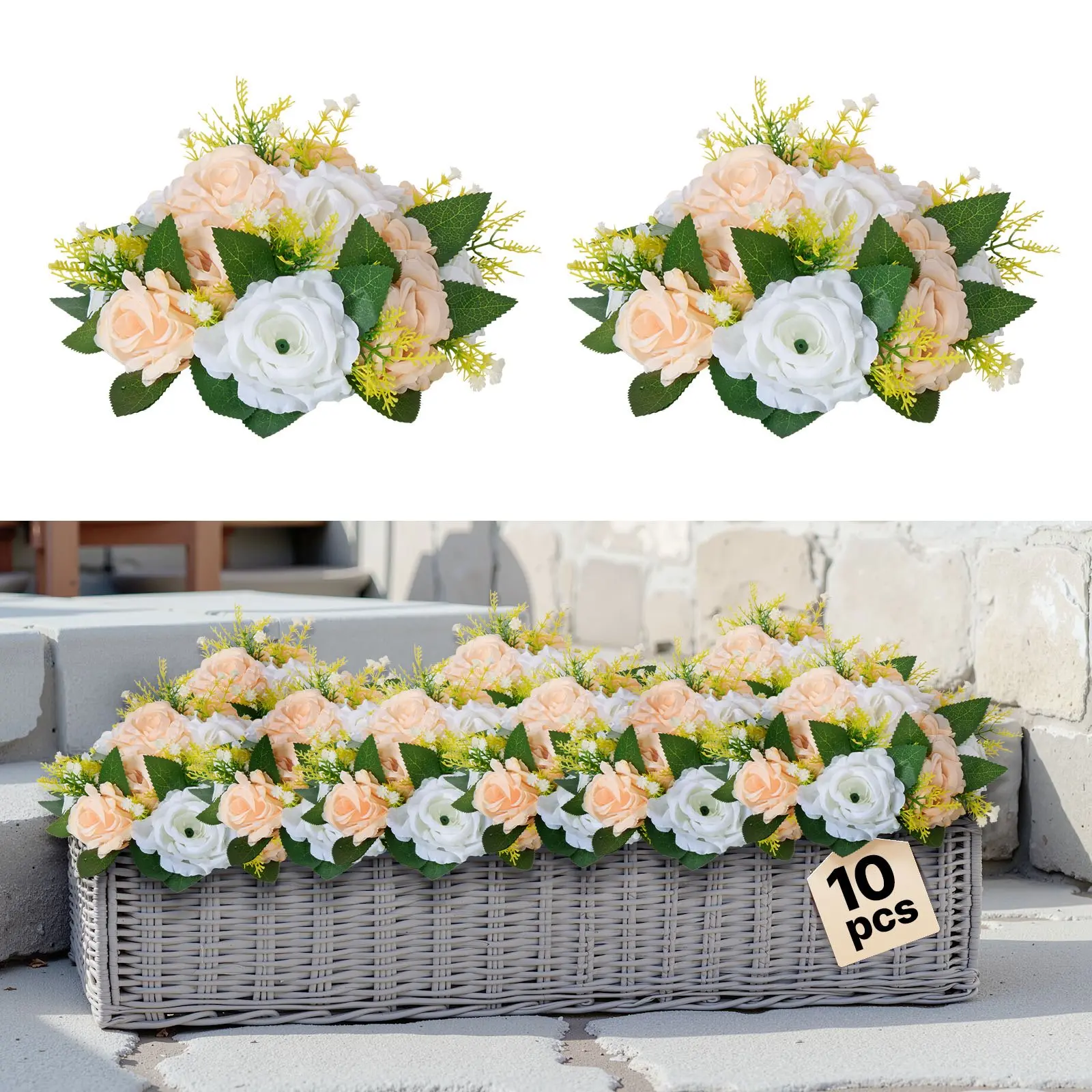 10 PCS 9.5-Inch Champagne White Synthetic Flower Balls, Bouquet-Style Rose Ornaments for Wedding Tabletop Centerpieces, Indoor Furniture Accents