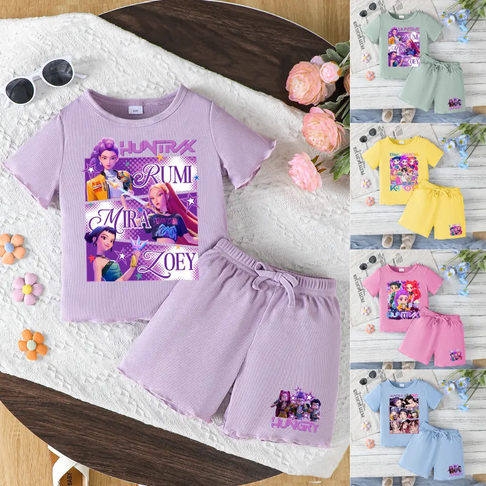 Toddler Girls Kpop Demon Hunters Tiger Outfit Purple Graphic Print Short Sleeve T-Shirt & Shorts Set for Spring Summer Fall Casual Wear