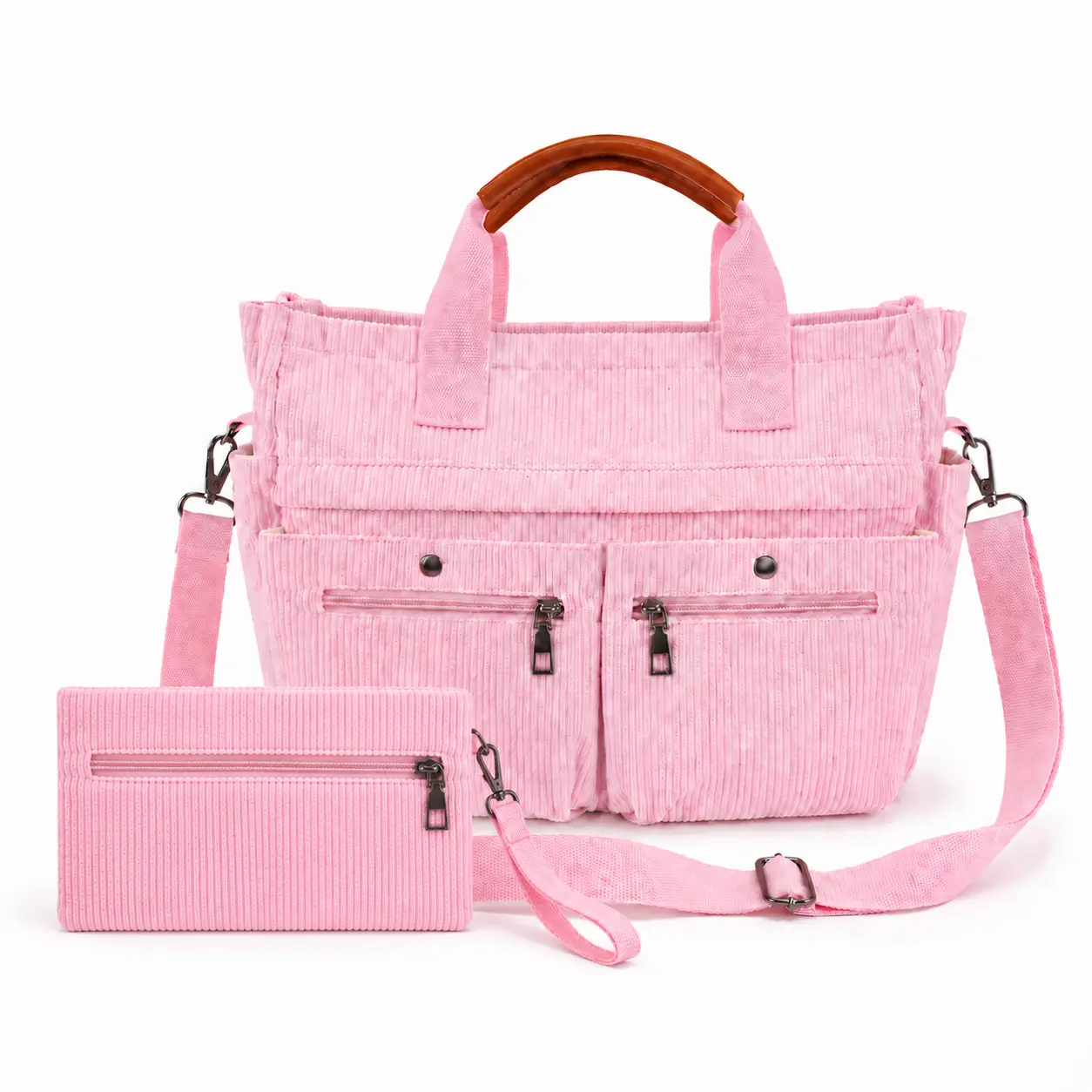 2PCS Corduroy Tote Bag for Women, Large Capacity Multi Pocket Shoulder Bag with Matching Pouch, Detachable Strap, Front Zip Pockets, Everyday Work Commute Shopping Bag