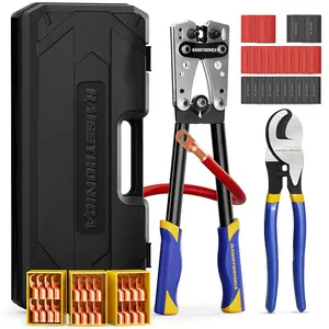 haisstronica Heavy Duty Battery Cable Crimping Tool Kit-Ratchet Hex Extended Handle Crimper for 8,6,4,2,1,1/0 AWG Copper Lugs with Blow Molded Box,Cable Cutter, 48PCS Copper Lugs&Heat Shrink Tubing