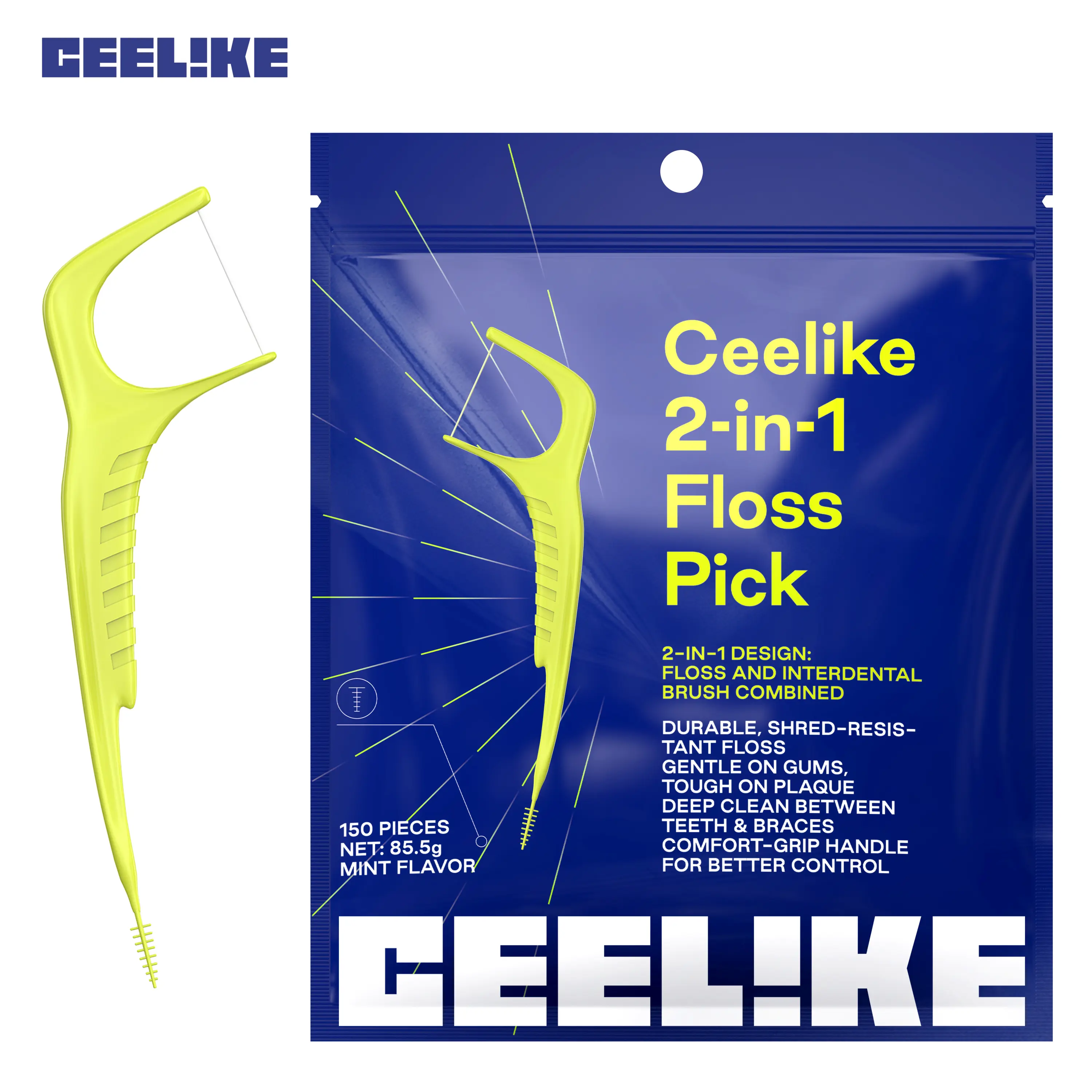 CEELIKE 2-in-1 Floss Pick for Efficient Cleaning, Gum Care, and Fresh Breath - 150 Pieces Mint Flavor Daily Care
