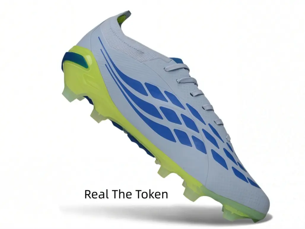 Pale grey soccer cleats with geometric blue graphic prints, fluorescent lime green translucent sole, textured thin upper delivers sensitive touch for sprints and dribbling on natural grass pitches.