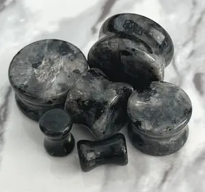 PAIR of Unique Natural Black Labradorite Organic Stone Double Flare Plugs/Tunnels - Gauges 2g (6mm) up to 3/4" (19mm)