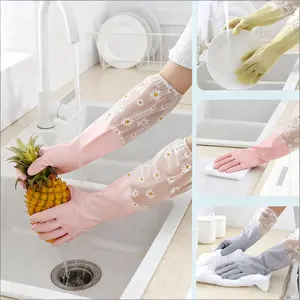 1 Pair Rubber Gloves Long Sleeve Reusable Dishwashing Gloves Kitchen Oven Pet Cleaning Gloves Kitchen Accessories