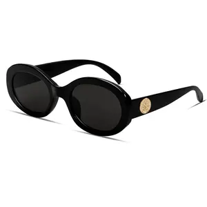Women’s Oval Retro Sunglasses - Bold Chunky Frame with Embossed Gold Coin Temple Accents, Vintage Silhouette UV400 Protection Shades Perfect for Old Money Aesthetic and Timeless Chic Outfits
