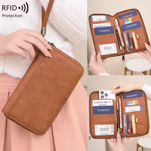 Women New Style RFID Blocking Long Passport Holder Air Ticket Storage Multifunctional Travel Zipper Passport Bag Large Capacity Phone Bag Simple Elegant