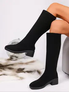 Women's Elastic Wide Calf High Boots, Square Toe Velvety Chunky Heel, Side Zipper, Western Style, Party & Daily Wear, Footwear