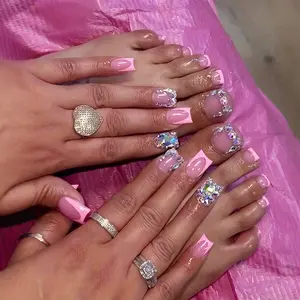 48PCS (2 PACK) Handmade Pressing Nail and Toe Nail Set - Pink Square Nails with 3D Rhinestones, Glossy French Pointed Design, Women Fashionable Nail Kit for Ideal for Everyday Use
