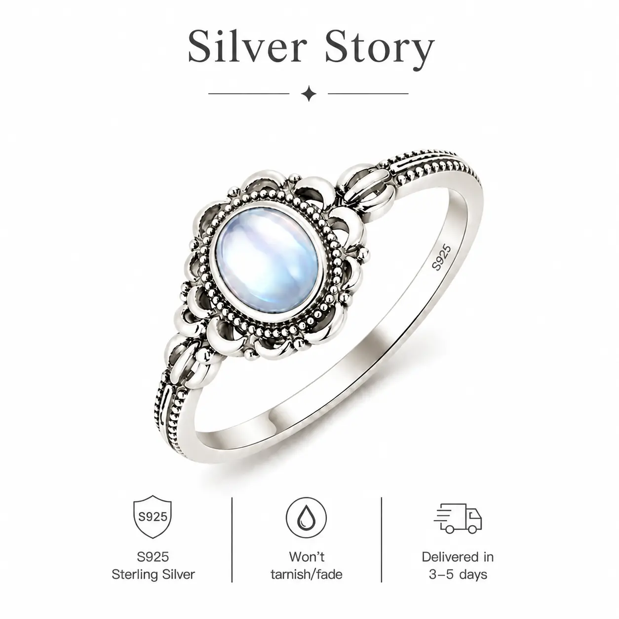 925 Sterling Silver Moonstone Ring, Vintage Boho Filigree Design, Hypoallergenic  Ring, Handmade Ethnic Style Statement Jewelry, Perfect Gift for Women & Girls, Ideal for Everyday Wear, Parties, Birthdays, or Special Occasions Fashion Ring Adjustable Ring