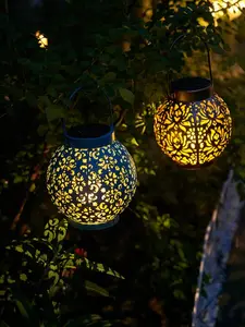 OMRAYTU Floral Pattern Solar Hanging Lantern, Waterproof Portable Decor Light with Auto On/Off, Warm Glow Projection Lamp for Patio & Garden