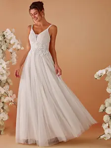 Ever-Pretty Tulle Floral Spaghetti Strap Illusion V-Neck A-Line Wedding Dress EH0124A
