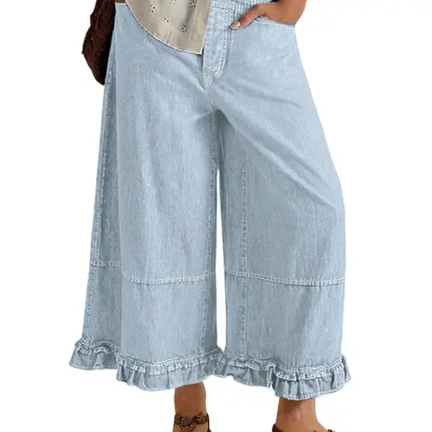 Women's 2026 New Fashion Cute Wide-Leg Loose Fitting Jeans, Mid-Waist Loose-Fit Denim Pants Trouser, Casual Cropped Jeans with Frill Hem, Womenswear