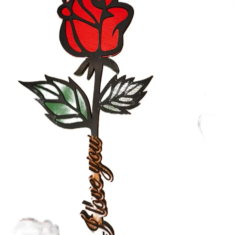 I Love You Wooden Long Stem Rose - Simple Design with Red Rose, Green Leaves, and Twine Accents